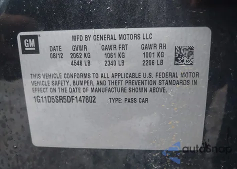 2013 Chevrolet Malibu Eco из США, поврежденный, VIN 1G11D5SR5DF147802